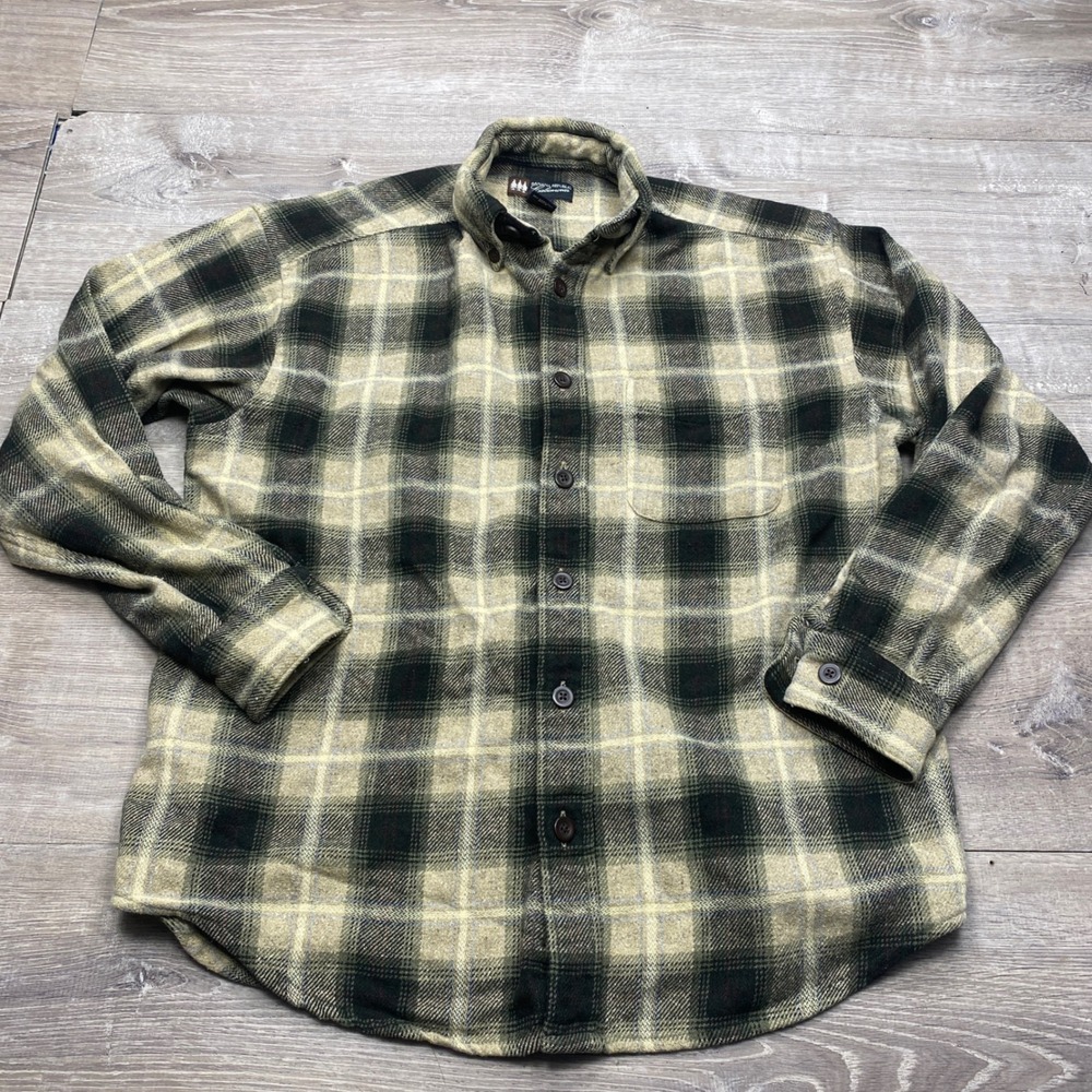 Banana Republic Flannel Shirt Mens M Green Plaid Cabinwear Wool Blend Outdoor